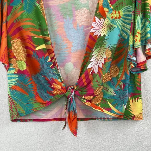 Green Multicolor Tropical Print Tie Front Flutter Sleeve Cropped Top Plus 3X NWT - Picture 6 of 13